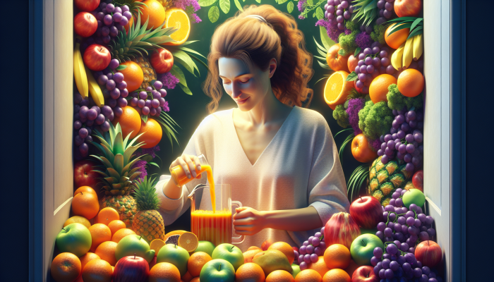 A person juicing oranges and pineapples, surrounded by colorful fruits, feeling energized with a glass of vitamin-rich juice.