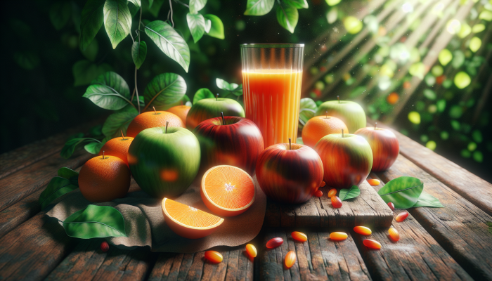Fresh apples, oranges, and a glass of glowing juice on a rustic table, with green leaves.