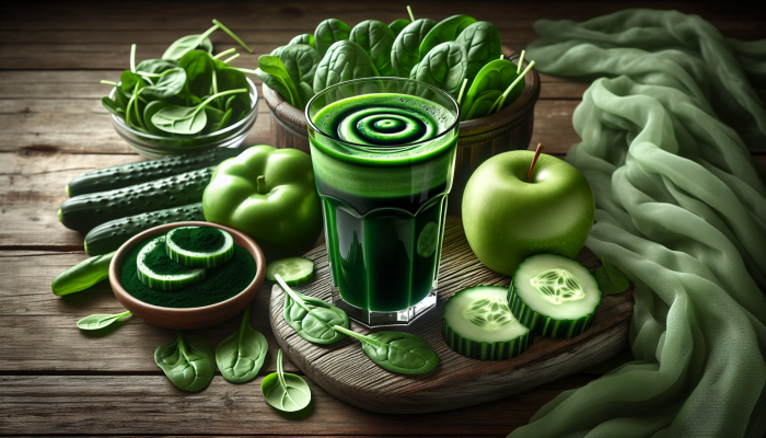A vibrant green juice with spirulina swirls, surrounded by fresh spinach, cucumber, and sliced apples on a wooden table.