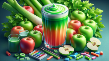 A glass of layered green and red slimming juice is surrounded by apple celery, parsley, art supplies, and pastel candies on a table. The scene is brightly lit and vibrant, radiating a fresh health boost.