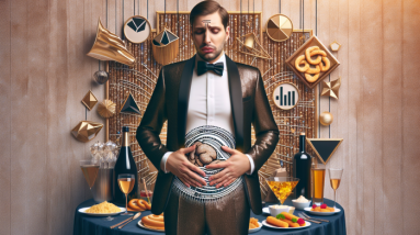 A man in a gold tuxedo stands solemnly in front of a banquet table, holding his stomach—hinting at the need for bloating relief. A digital brain graphic appears on his stomach, while abstract gold shapes and graphs adorn the wall behind him.