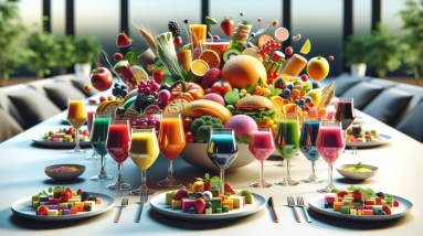 A large table is set with a central bowl of fruits, vegetables, breads, and burgers. Surrounding it are colorful juice pairings in glasses and plates of cubed fruit, all arranged in a bright, modern dining space.