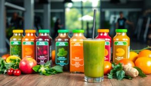 A glass of green juice with a straw sits on a wooden table, surrounded by bottles of colorful juice and an assortment of fresh fruits and vegetables, perfect for a healthy boost or those exploring juice cleanses to support their fitness goals.