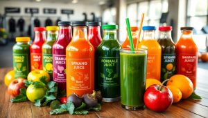 A variety of colorful juice bottles and a glass of green juice are arranged on a wooden table with fresh fruits and vegetables, offering a healthy boost in a well-lit room with blurred gym equipment in the background for fitness lovers.