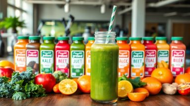A glass bottle filled with green juice and a striped straw sits on a table surrounded by fresh fruits and vegetables, offering a healthy boost, with assorted colorful juice bottles lined up in the background.