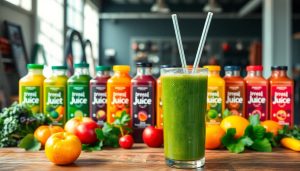 A glass of green juice with two straws sits on a wooden table, surrounded by fresh fruits and vegetables, offering a healthy boost, with various colorful bottled juices lined up in the background.
