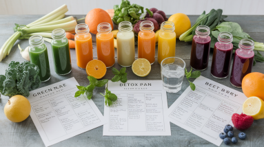 Nine bottles of juice in green, orange, yellow, and purple sit on a table with matching fruits, vegetables, and herbs—perfect for a 3 day detox or juice detox plan. Three labeled menus—“Green Nae,” “Detox Pan,” and “Beet Berry”—are arranged in front.