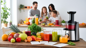 A variety of fresh fruits and vegetables, jars of colorful juice, and a juicer are on a kitchen counter. In the background, families smile and hold glasses of juice together, enjoying essential guide-inspired moments.