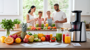 A kitchen countertop displays assorted fruits, vegetables, and jars of juice next to a juicer. In the background, two smiling families prepare drinks together, sharing recipe cards and fasting tips as they enjoy juice fasting.