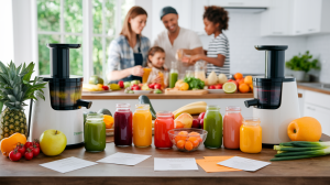 Two juicers and assorted colorful juices in jars are displayed on a kitchen counter with various fruits and vegetables, perfect for juice fasting for families. In the background, a family of four prepares food together in a bright kitchen.