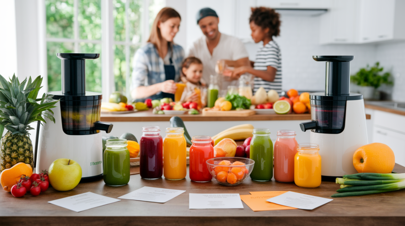 Two juicers and assorted colorful juices in jars are displayed on a kitchen counter with various fruits and vegetables, perfect for juice fasting for families. In the background, a family of four prepares food together in a bright kitchen.