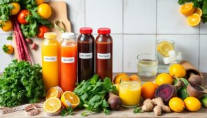 Four labeled juice bottles stand among leafy greens, lemons, ginger, oranges, beets, and other fresh produce on a countertop—perfect for a refreshing summer juice cleanse. Nearby sit a glass of juice and water with lemon slices.