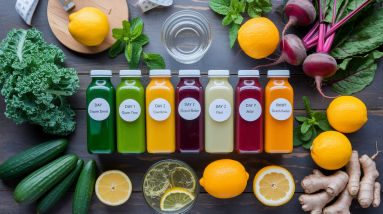 A selection of seven labeled juice bottles sits on a table surrounded by fresh vegetables, fruits, ginger, and a glass of water—perfect for a summer juice cleanse or to stay updated with the latest juice cleanse trends.