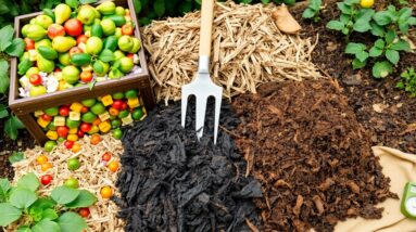 A garden scene showing a wooden box of harvested tomatoes, three piles of mulch—including straw, black mulch, and brown organic material for advanced composting—a garden fork, and green plants thriving in rich soil.