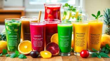 A row of seven tall glasses contains colorful juice blends, each labeled with different flavors. Whole and cut fruits such as oranges, lemons, and pineapples are arranged around the glasses, showcasing the benefits for your metabolism.