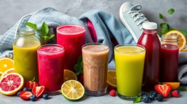 A row of assorted fruit juices and smoothies in glass jars and bottles, surrounded by sliced citrus fruits and berries, with a blue cloth and a sneaker in the background—perfect hydration boosters for runners.