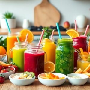 A variety of colorful fruit juices in mason jars with straws are arranged on a kitchen counter, surrounded by fresh fruits and healthy snacks—perfect for juicing for kids or adding to fun kids recipes.