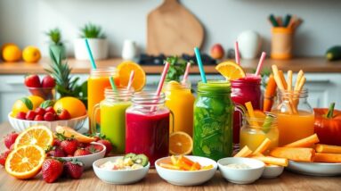 A variety of colorful fruit juices in mason jars with straws are arranged on a kitchen counter, surrounded by fresh fruits and healthy snacks—perfect for juicing for kids or adding to fun kids recipes.