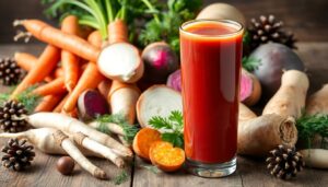 A tall glass of red vegetable juice sits in front of assorted fresh root vegetables—carrots, parsnips, onions, and beetroots—on a wooden surface, offering fresh flavors perfect for anyone juicing winter roots.
