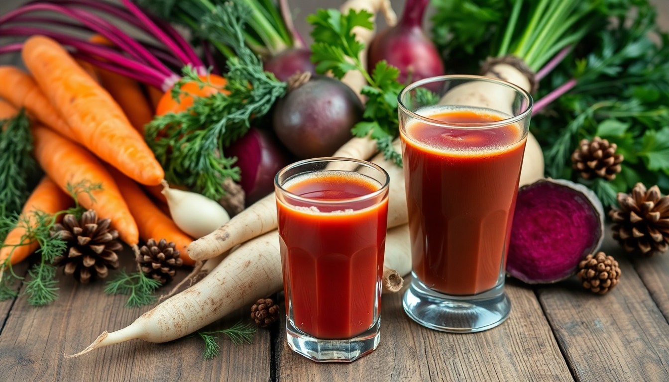 Two glasses filled with red vegetable juice are placed on a wooden surface, surrounded by fresh carrots, beets, parsnips, leafy greens, and pinecones—perfect for juicing winter roots and capturing fresh flavors of the season.