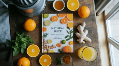 A book titled "Natural Juice" sits on a wooden table surrounded by oranges, orange slices, a glass of natural juice, fresh mint, ginger root, and a juicer near a window—perfect ingredients for homemade allergy relief.