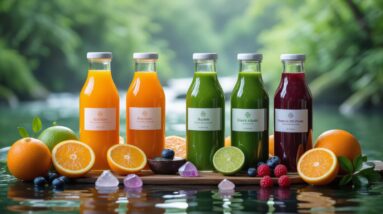 Five bottles of colorful juice for meditation are arranged in a row on a wooden surface, surrounded by assorted fresh fruits and crystals, offering universal support with a blurred natural green background and water.