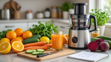 A juicer sits on a kitchen counter next to a glass of orange juice and assorted fresh vegetables and fruits—perfect for juicing recipes that promote radiant skin—including carrots, cucumbers, oranges, parsley, and beets, with a knife and notepad nearby.