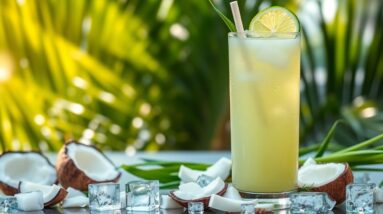 A tall glass of yellow-green hydrator with ice and a lime slice sits on a table surrounded by ice cubes and pieces of coconut, with green palm leaves in the blurred background.