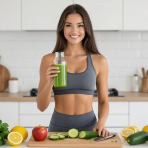 A woman in athletic wear stands in a kitchen holding a detox juice bottle. In front of her are various fruits and vegetables, including lemons, apples, cucumbers, spinach, and avocados, arranged on a wooden cutting board.