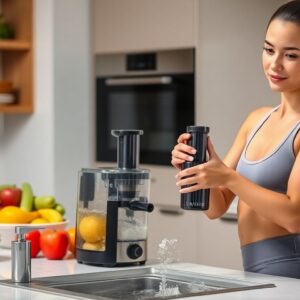 A woman in athletic wear stands in a modern kitchen, rinsing a bottle at the sink. Nearby, a juicer with oranges and assorted fruits sits on the counter—perfect for anyone seeking fast juicer cleaning after making fresh juice.