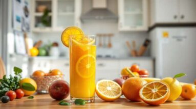 A glass of orange juice with lemon and orange slices sits on a wooden kitchen table, surrounded by whole and halved oranges, apples, and leafy greens—one of the best juices for mental clarity in a bright, modern kitchen setting.