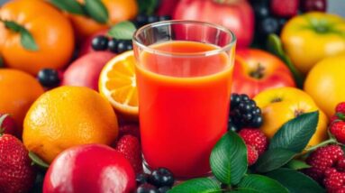 A glass of bright fruit juice is placed on a surface surrounded by various fresh fruits, including oranges, apples, strawberries, blackberries, and an orange slice. Enjoy the natural goodness and health benefits these vibrant ingredients offer.