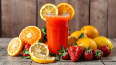 A glass of orange-red Vitamin C Juice sits on a wooden surface, surrounded by whole and sliced lemons, oranges, and strawberries, creating a vibrant scene that celebrates health and wellness against a rustic wooden background.