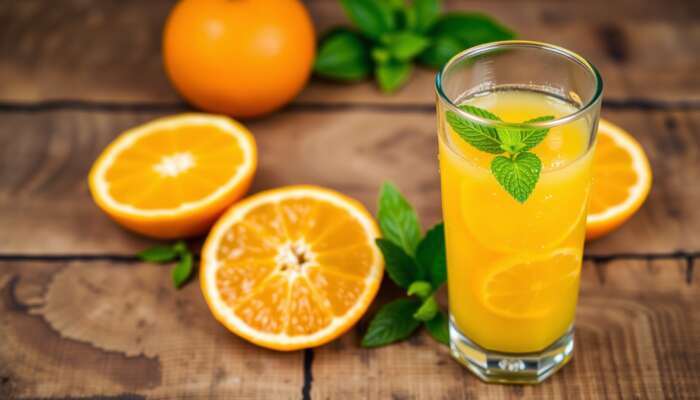 A glass of fresh orange juice with orange slices and mint leaves on a rustic wooden table.