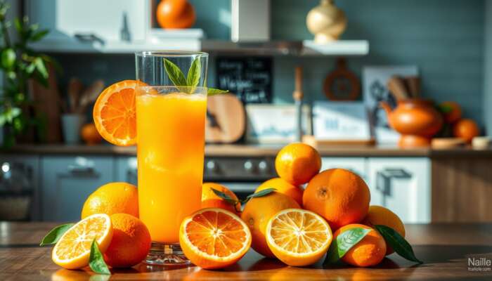 A glass of freshly squeezed citrus juice with oranges and lemons in a sunny kitchen, promoting a refreshing and healthy lifestyle.