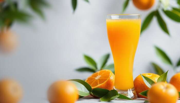 A glass of fresh orange juice with whole oranges, highlighting health and vitality against a green leafy background.
