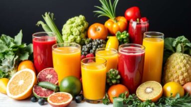 A variety of fresh fruits and vegetables surround several glasses filled with different colored juices, highlighting the health benefits of juice fasting, all arranged on a white surface with a dark background.