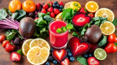 A glass of red juice garnished with mint is surrounded by fresh fruits and vegetables—perfect for juicing and supporting heart health—including beets, lemons, oranges, strawberries, blueberries, limes, tomatoes, and leafy greens on a wooden surface.