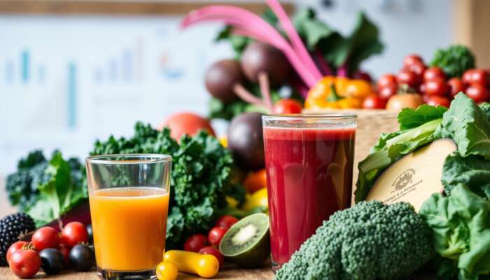 A colorful assortment of fresh fruits and vegetables, including kale, beets, and berries, with a glass of freshly squeezed juice on a wooden table, highlighting the vitality and health benefits of juicing.