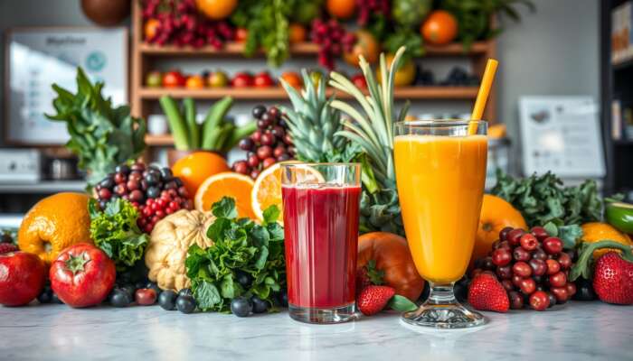 Colorful assortment of fresh fruits and vegetables in a juice bar, featuring leafy greens, bright berries, and citrus fruits, with a glass of freshly squeezed juice in the foreground.