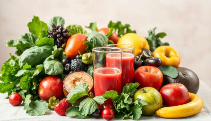Fresh leafy greens and colorful fruits arranged with a glass of juice, emphasizing their health benefits for cardiac function.