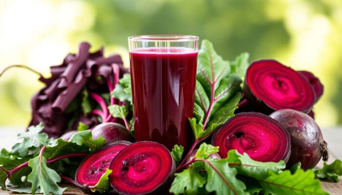 A glass of vibrant beetroot juice with fresh beetroots and leafy greens, representing health and vitality.