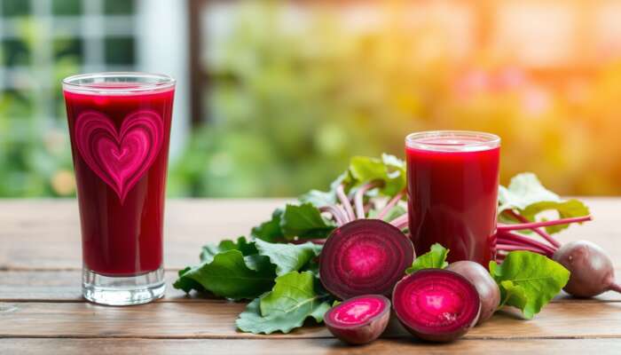 A glass of vibrant beetroot juice on a wooden table, surrounded by fresh beetroots and leafy greens, with a heart shape formed by the swirling red liquid, symbolizing vitality and health.