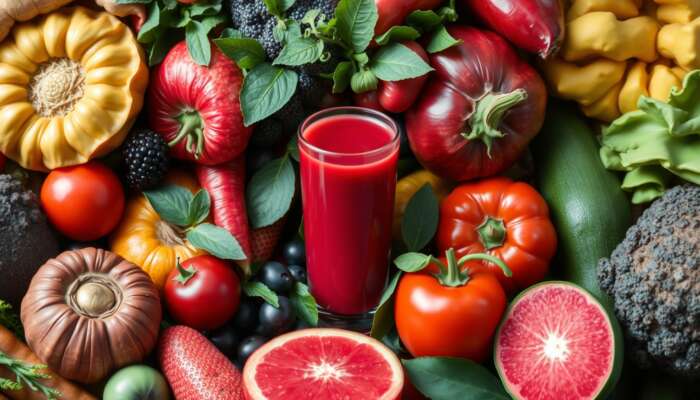 A glass of red juice is surrounded by various fresh fruits and vegetables, showcasing the health benefits of juice fasting with ingredients like tomatoes, watermelon, bell peppers, broccoli, strawberries, blackberries, and squash.