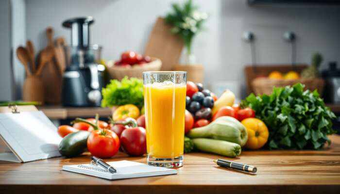 A vibrant kitchen with fresh, organic seasonal fruits and vegetables on a wooden countertop, a juicer in the background, and a glass of freshly prepared juice in the foreground, symbolizing hydration and meal planning.