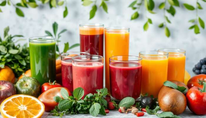 Colorful fruit and vegetable juices in glass containers surrounded by fresh produce and greenery, highlighting a healthy juice fasting theme.