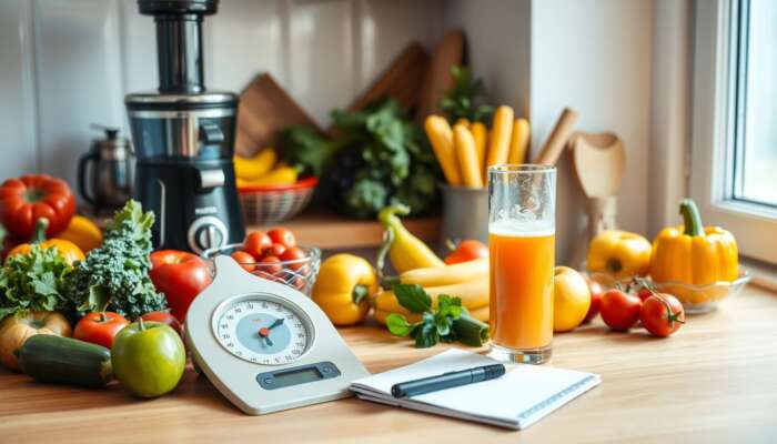 Colorful fresh fruits and vegetables arranged on a wooden countertop with a juicer and a glass of juice, symbolizing balanced nutrition and careful monitoring during juice fasting.