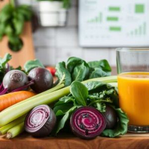 A glass of orange vegetable juice sits on a wooden surface next to fresh carrots, celery, beets, spinach, and leafy greens. A kitchen setting is visible in the background, highlighting the health benefits of this nutritious drink.