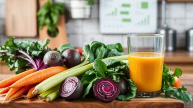 A glass of orange vegetable juice sits on a wooden surface next to fresh carrots, celery, beets, spinach, and leafy greens. A kitchen setting is visible in the background, highlighting the health benefits of this nutritious drink.