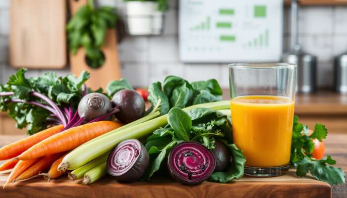 A glass of orange vegetable juice sits on a wooden surface next to fresh carrots, celery, beets, spinach, and leafy greens. A kitchen setting is visible in the background, highlighting the health benefits of this nutritious drink.